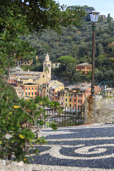 Overview of the old town and Church of San Martino, Portofino, province of Genoa, Liguria, Italy
