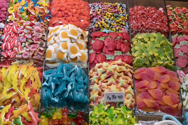Stall of candies, La Boqueria Market, Ciudad Vieja, Barcelona, Catalonia, Spain