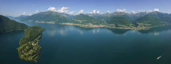 Panoramic aerial view of Piona Abbey (Abbazia Priorato di Piona) and Lake Como, Colico, Lecco province, Lombardy, Italy