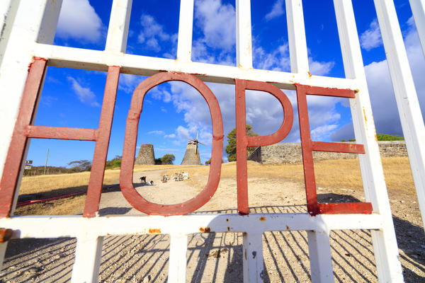 Entrance gate of the historic site of Betty's Hope, Antigua, Antigua and Barbuda, Leeward Islands, West Indies