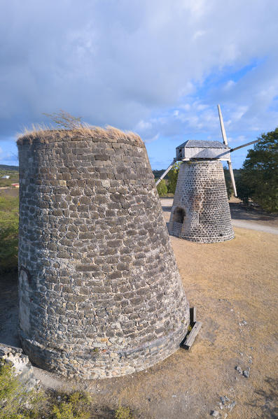 Panoramic of windmills symbol of old sugar plantation, Betty's Hope, Antigua, Antigua and Barbuda, Leeward Islands, West Indies