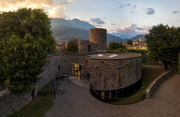 Panoramic elevated view of library (Biblioteca civica Ezio Vanoni), Morbegno, Sondrio province, Valtellina, Lombardy, Italy