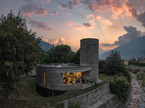 Panoramic elevated view of library (Biblioteca civica Ezio Vanoni), Morbegno, Sondrio province, Valtellina, Lombardy, Italy