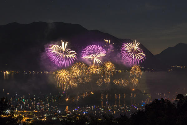 Fireworks during the festival of San Giovanni, Ossuccio, Isola Comacina, Lake Como, Lombardy, Italy