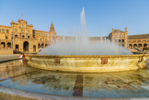 Vicente Traver fountain facing the  central building of Plaza de Espana, Seville, Andalusia, Spain