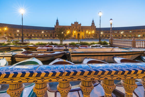 Details of decorated ceramic balustrade along the canal, Plaza de Espana, Seville, Andalusia, Spain