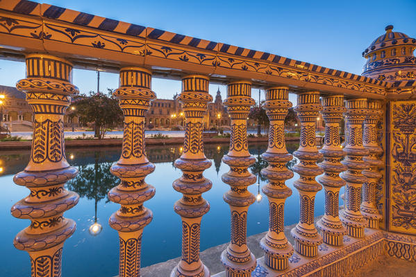 Details of decorated ceramic pillars of balustrade in typical Art Deco style, Plaza de Espana, Seville, Andalusia, Spain