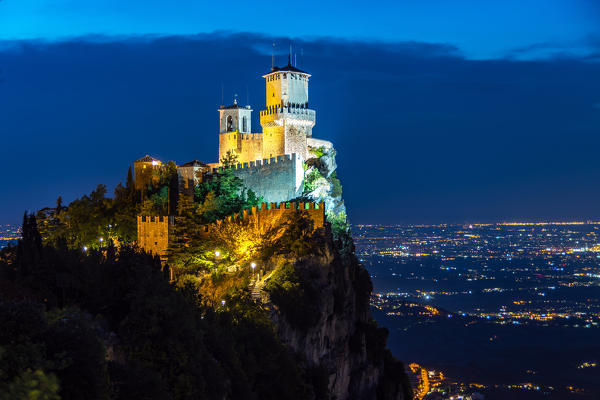 City of San Marino. Republic of San Marino by night, Europe. The fortress of Guaita on Mount Titano,(Italy)