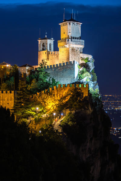 City of San Marino. Republic of San Marino by night, Europe. The fortress of Guaita on Mount Titano,(Italy)