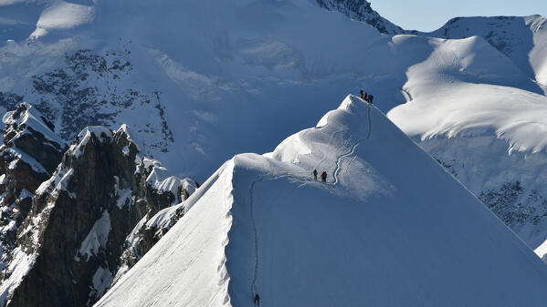 Alpinists on Central Breithorn from West Breithorn, Aosta Valley,Italy