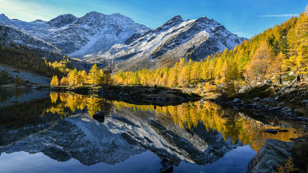 Moutains and colored larches mirrored on Lago Arpy (Arpy Lake) ,Aosta Valley, Italy, Europe