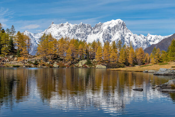 Mont Blanc (Monte Bianco) mirrored on Lago Arpy (Arpy Lake) , Aosta Valley, Italy, Europe