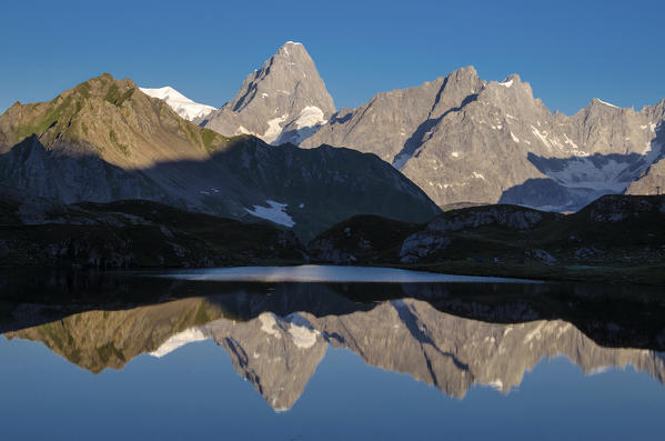 Mont Blanc (Monte Bianco) in the mirror, Lac de Fenêtre, (Grand Jorasses in the middle),
Switzerland,Europe
