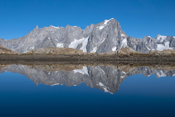 Mont Blanc (Monte Bianco) in the mirror, Dente del Gigane and Grand Jorasses, close to Pascal bivouac, Aosta Valley, Italy, Europe