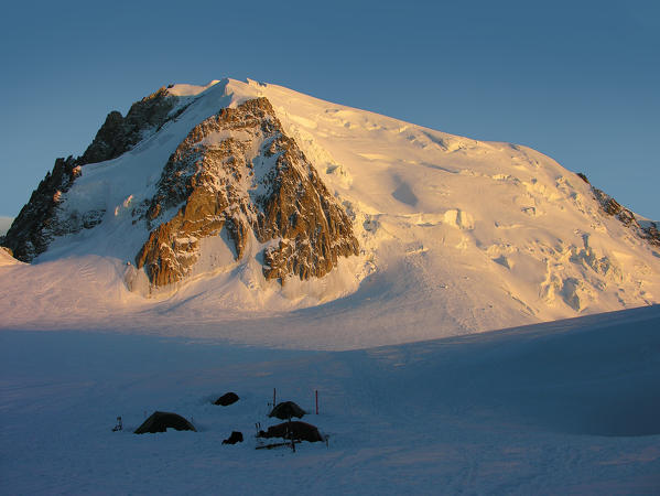 Camping on Mont Blanc (Monte Bianco) glacier,(Mont Blanc du Tacul on Background), France, Europe