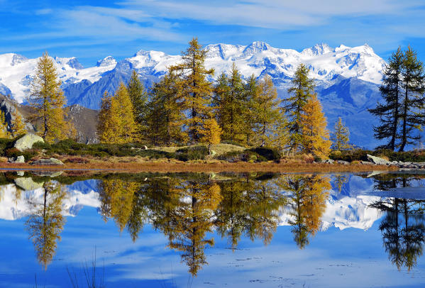 Monte Rosa in the mirror on Champas Lake,Champorcher valley on Aosta Valley, Italy, Europe