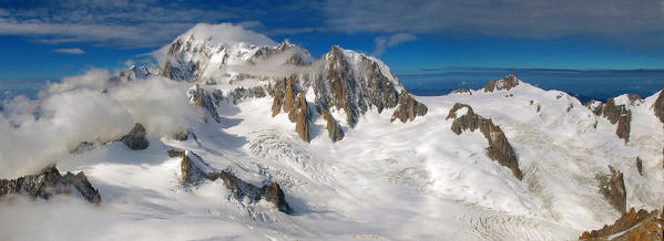 Panoramic on Mont Blanc (Monte Bianco) group, Mont Blanc summit on the Left. Aosta Valley, Italy,Europe