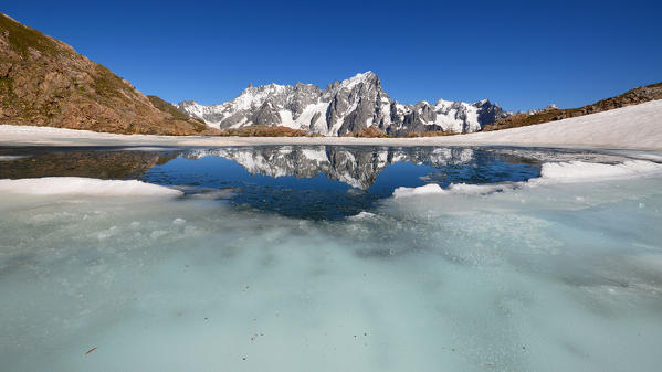 Mont Blanc (Monte Bianco) group at the mirror, (close to Pascal bivouac), Aosta Valley, Italy, Europe