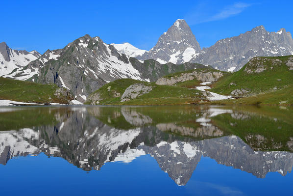 Mont Blanc in the mirror, Lac de Fenêtre, (Mont Blanc and Grand Jorasses in the middle),Switzerland,Europe
