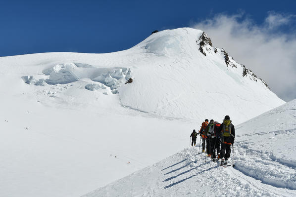 Climbing Capanna Margherita (Margherita hut),Monte Rosa, Aosta Valley,Italy