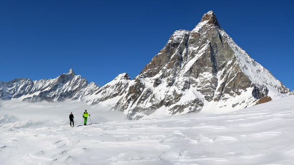 Free rider ski with Matterhorn (Cervino) on background, valtournenche, Aosta Valley, Italy 