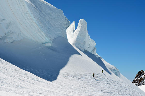 Huge seracs climbing Capanna Margherita (Margherita hut),Monte Rosa, Aosta Valley,Italy