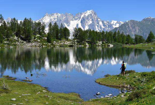 Mont Blanc (Monte Bianco) mirrored on Lago Arpy (Arpy Lake) , Aosta Valley, Italy, Europe