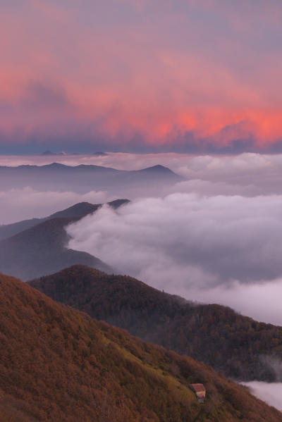 Prealpi orobiche at dusk above the clouds. Bronzone Mount (Prealpi Orobiche). Viadanica, Bergamo province, Lombardy, Italy, Europe
