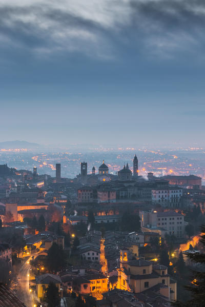 The light of the city. Bergamo Upper Town (Città Alta), Bergamo province, Lombardy district, Italy, Europe