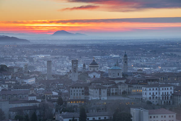 Bergamo upper town at dawn. Bergamo Upper Town (Città Alta), Bergamo province, Lombardy district, Italy, Europe