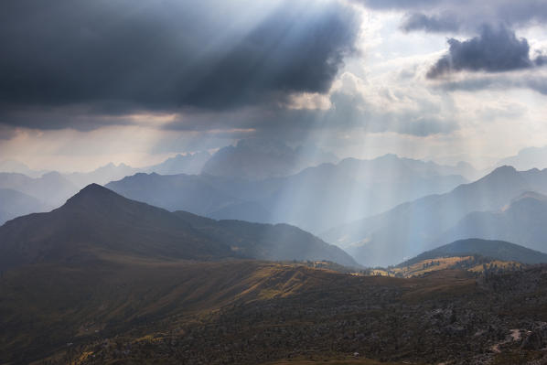 Rrays of sun over a dolomiti landscape. Nuvolau refuge, Belluno Province, Veneto District, Italy, Europe