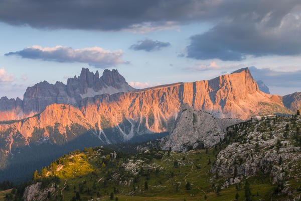 Sunset over Croda da Lago and Lastoi de Formin. Cortina d'Ampezzo, Belluno Province, Veneto District, Italy, Europe