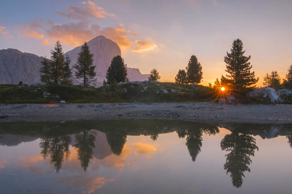 Sunrise at Limedes Lake. Cortina d'Ampezzo, Belluno Province, Veneto District, Italy, Europe