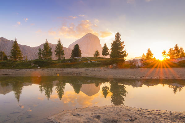 Sunrise at Limedes Lake. Cortina d'Ampezzo, Belluno Province, Veneto District, Italy, Europe