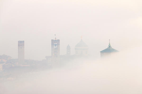 Bergamo Upper Town in the clouds. Bergamo Upper Town (Città Alta), Bergamo province, Lombardy district, Italy, Europe