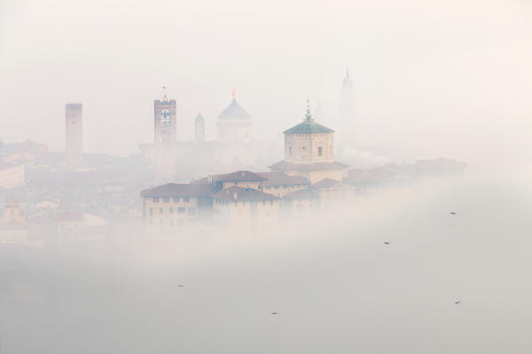 Bergamo Upper Town in the clouds. Bergamo Upper Town (Città Alta), Bergamo province, Lombardy district, Italy, Europe