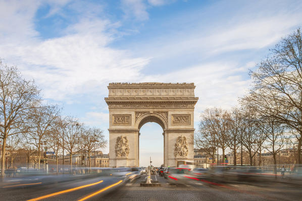 Arc de Triomphe and Champes Elysee Avenue in Paris city. Paris, Île-de-France, France, Europe