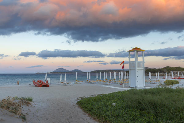 Rena Bianca beach at dusk, Portisco (Olbia) Costa Smeralda, Olbia-Tempio province, Sardinia district, Italy