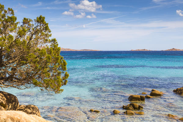 Crystal turquoise water in Capriccioli beach, Arzachena Costa Smeralda, Olbia-Tempio province, Sardinia district, Italy
