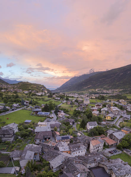 Aerial view of colourful sunset, Villeneuve, Aosta Valley, Italy