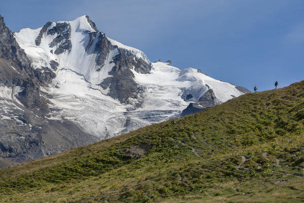 Hikers on trail under Gran Paradiso north wall, Valsavarenche, Aosta Valley, Italy