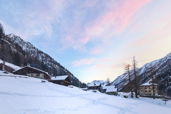 Tipical walser village at sunset, Gressoney-Saint-Jean, Aosta Valley, Italy