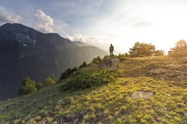 Hiker over a rock at sunset, Ozein, Aymavilles, Aosta Valley, Italy
