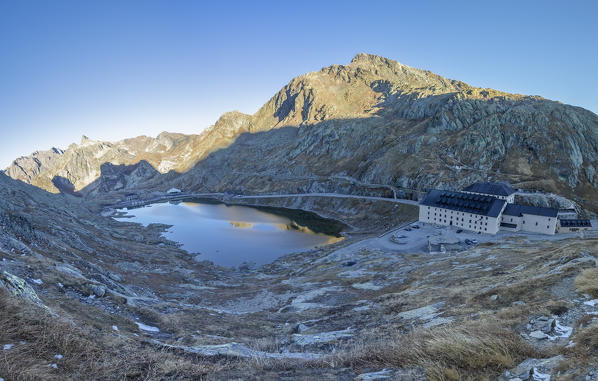 Sunrise at lake of Gran San Bernardo Pass in autumn