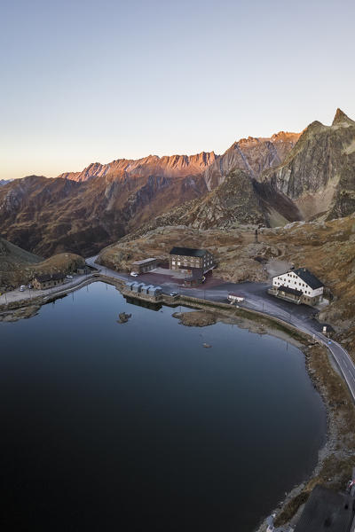 Aerial view of lake at Gran San Bernardo Pass at sunrise, Aosta Valley, Italy, Europe