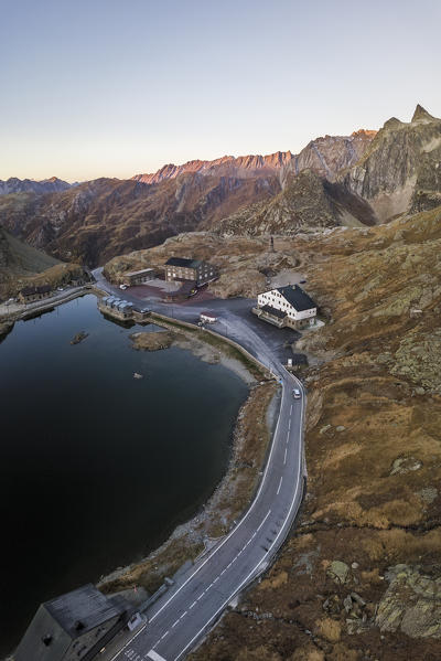 Aerial view of lake at Gran San Bernardo Pass at sunrise, Aosta Valley, Italy, Europe