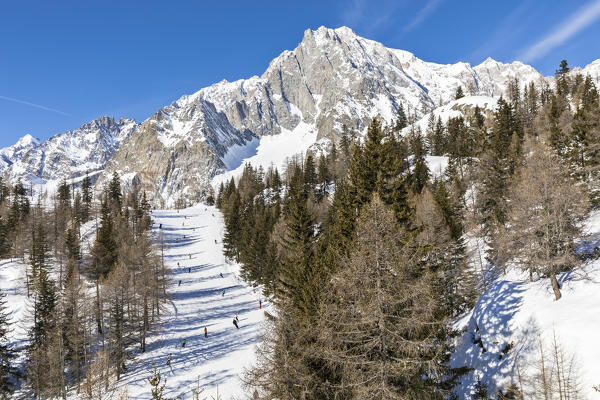 Ski slope under the Monte Bianco, Col Checrouit, Courmayeur, Aosta Valley, Italy