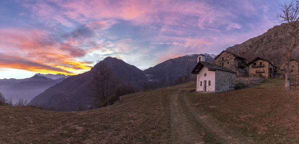 Varfey village at sunset in Gressoney Valley, Lillianes, Aosta Valley, Italy