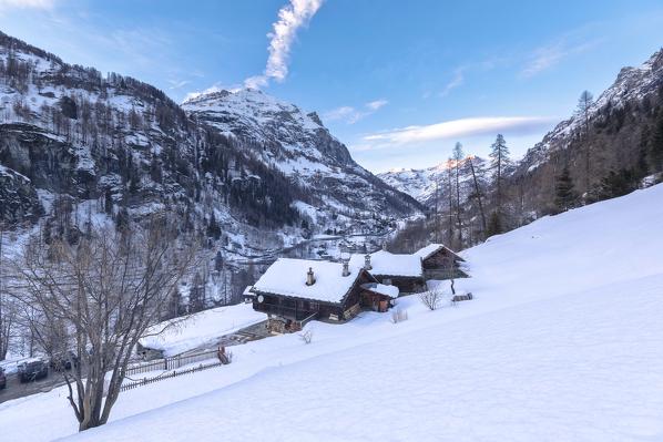 Walser village in Gressoney Valley at sunset, Gressoney-Saint-Jean, Aosta Valley, Italy
