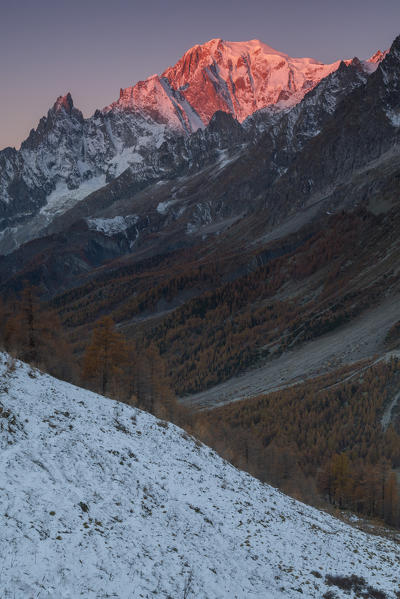 Sunrise on Mont Blanc from Bertone Refuge, Val Ferret, Courmayeur, Aosta Valley, Italy